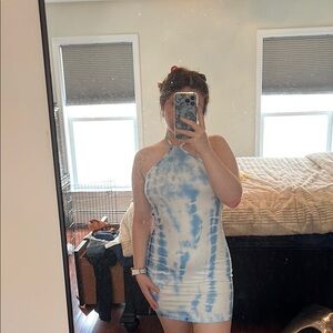 Blue and White Tie-Dye Halter Dress